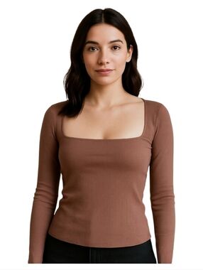 Naked Wardrobe XL Brown Square Neck Ribbed Long Sleeve Stretchy Neutral Top